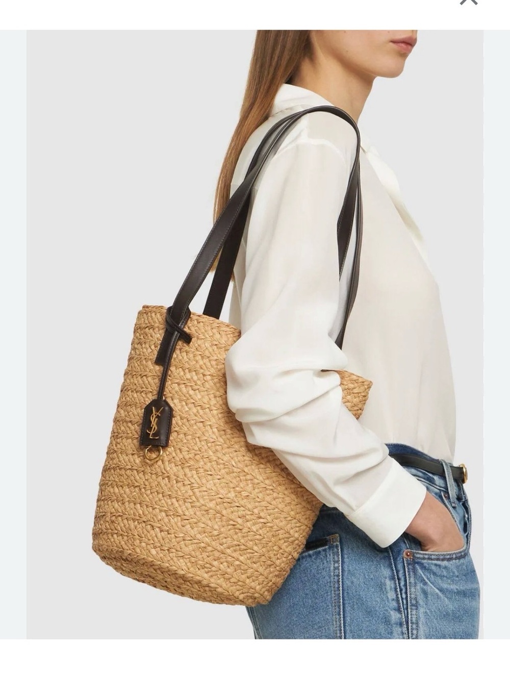 Ysl Raffia panier tote with black leather handles and key fob. EXCELLENT